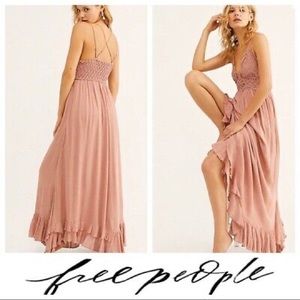 Free People One Adella Maxi Slip Ruffle Dress Smocked Dusty Pink Size Large